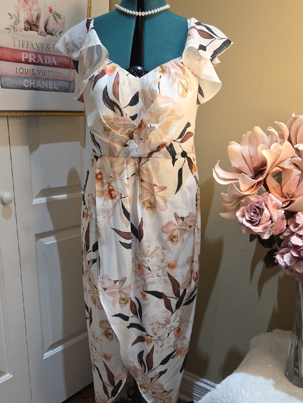 Nwot 14 Size City Chic Cream Midi Dress with Blush and Brown Floral Print